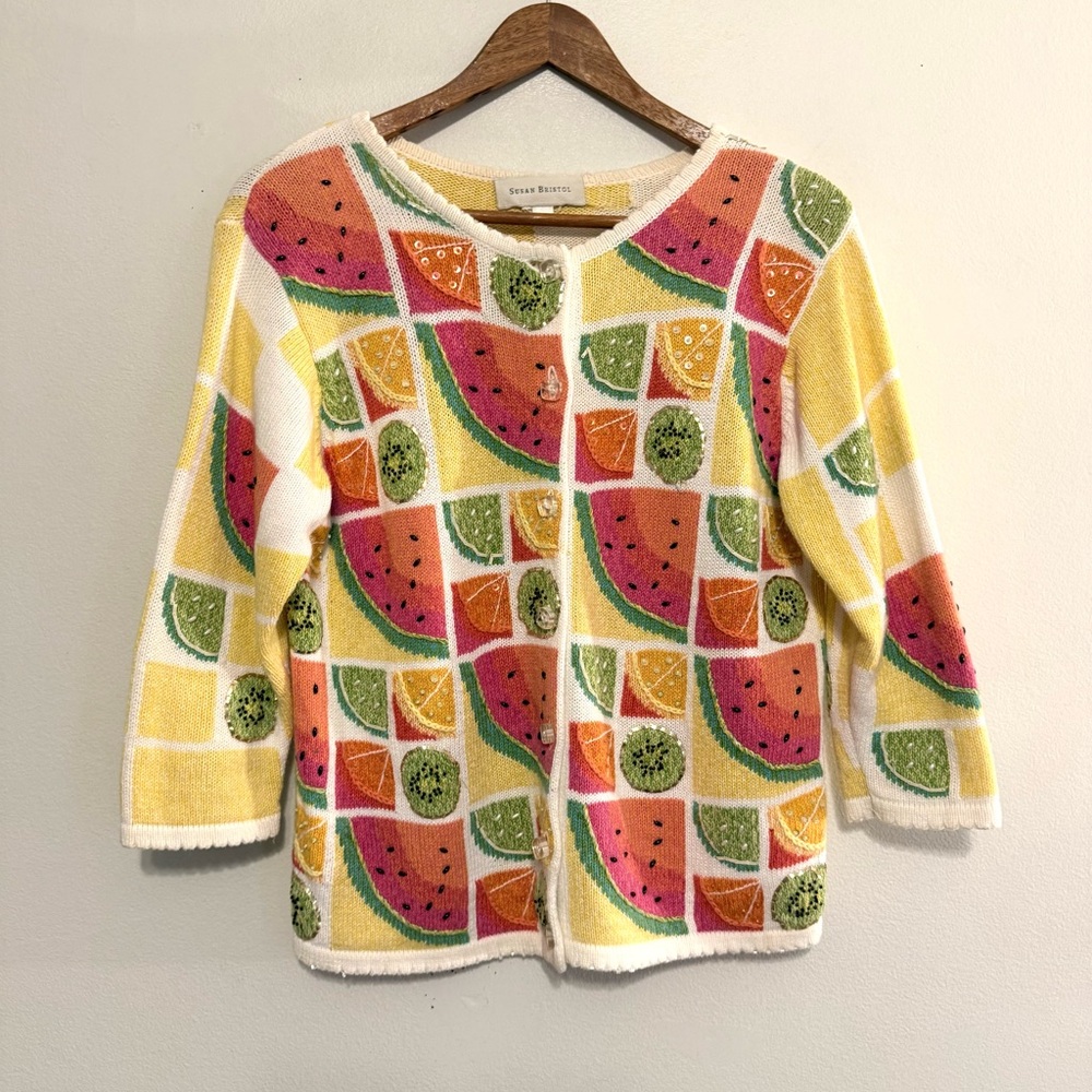 Vintage Susan Bristol Fruit Beaded Sweater Small
